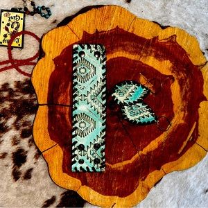 Genuine Hand Stitched Tooled Leather Bracelet and Matching Earrings